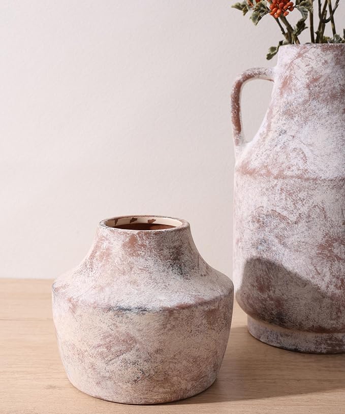 5.3'' Rustic Ceramic Flower Vase Farmhouse Pottery Vases Decorative Small Vases for House Entryway Kitchen Table Centerpieces, Terracotta