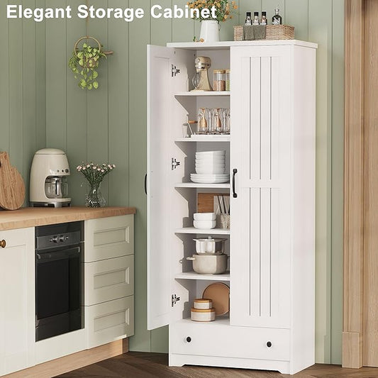 70" Tall Storage Cabinets, Large Wood Storage Pantry Cabinet with 6 Adjustable Shelves, 2 Striped Doors & Drawer, Standing Utility Cabinet for Kitchen, Bathroom, Dining Room, Antique (White)