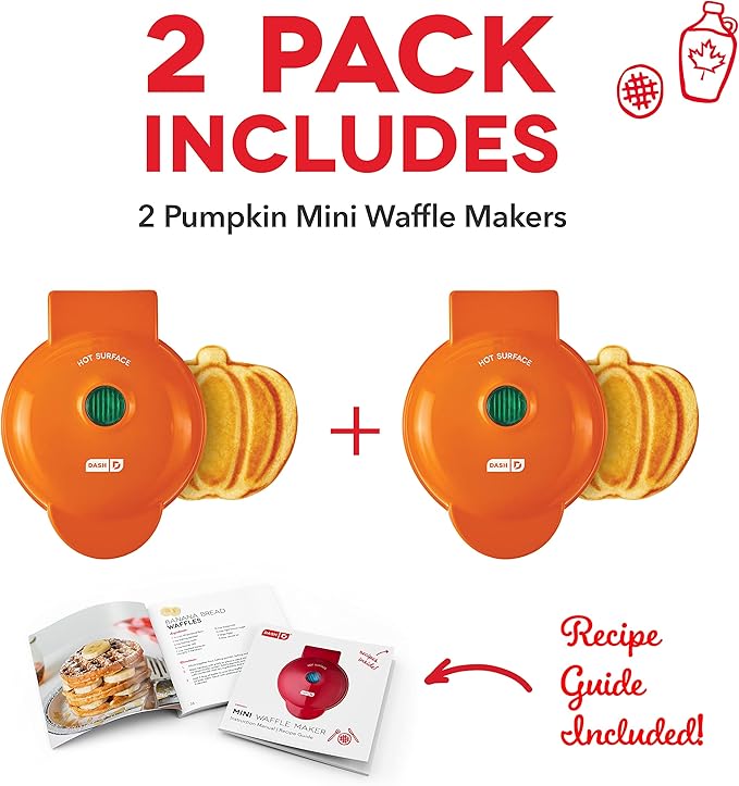 Dash Mini Waffle Maker (2 Pack) for Individual Waffles Hash Browns, Keto Chaffles with Easy to Clean, Non-Stick Surfaces, 4 Inch, Halloween, Orange