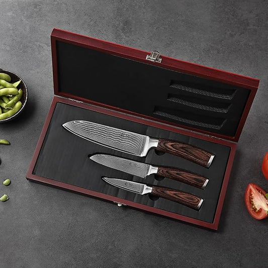 Wakoli EDIB 3-Piece Damascus Kitchen Knife Set in Wooden Gift Box – Sharp Knives Set made of Genuine Damascus Steel (VG10 Core) – Santoku, Small Santoku & Paring Knife – Ergonomic Pakkawood Handles