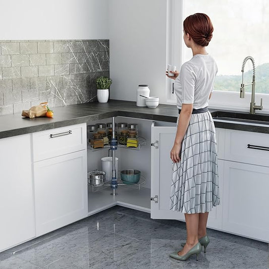 Dowell Base Cabinet Kidney Shape Dia.28 270° Lazy Susan, 2 Shelves, Kitchen Base Corner Cabinet Organizer (Chrome 4001 270 28)