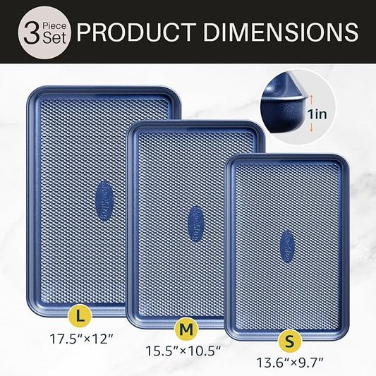 Slow Slog 3Pcs Nonstick Baking Sheet, Baking Sheet Pan Set, Jelly Roll Pans, Cookies Sheet for Baking, Cookie Sheet Pan with Diamond Texture, Blue