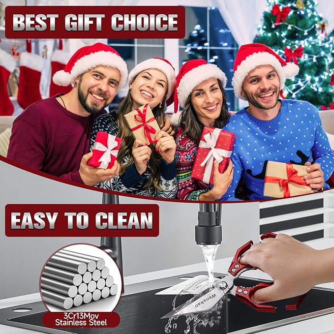 Kitchen Scissors, Heavy Duty Kitchen Shears for Cutting Chicken, Poultry, Game, Meat - Chopping Vegetable, Dishwasher Safe,Christmas Gifts for Men Women(Red)