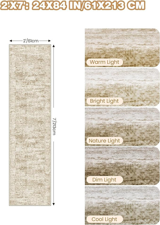 2x7 Runner Rug Non Slip, Thin Entryway Washable Rug for Entryway, Runners for Hallways, Low Pile Vintage Abstract Soft Rugs for Living Room, Kitchen, Bedroom(2'x7', Brown/Ivory)