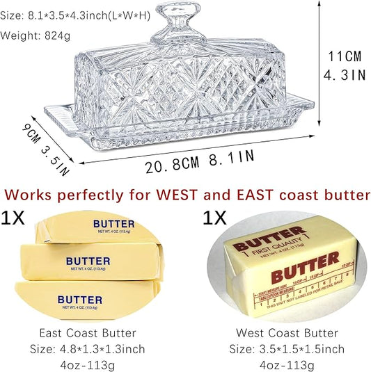 Crystal Covered Butter Dish,8inch Classic Glass 2-Piece Design Butter Keeper with Lid | Butter Holder | Dishwasher Safe