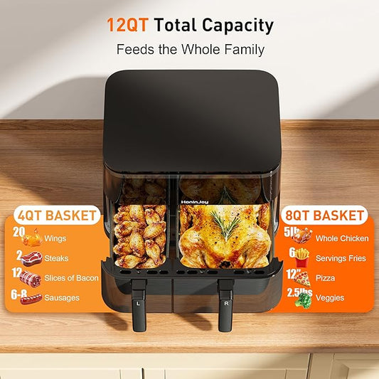 HoninJoy 12QT Large Air Fryer with Dual Basket (4QT+8QT), 13-in-1 Digital Touchscreen Double Zone Air Fryers with 50pcs Paper Liners, Sync & Dual, for Bake, Roast, Shake Reminder, Dishwasher Safe