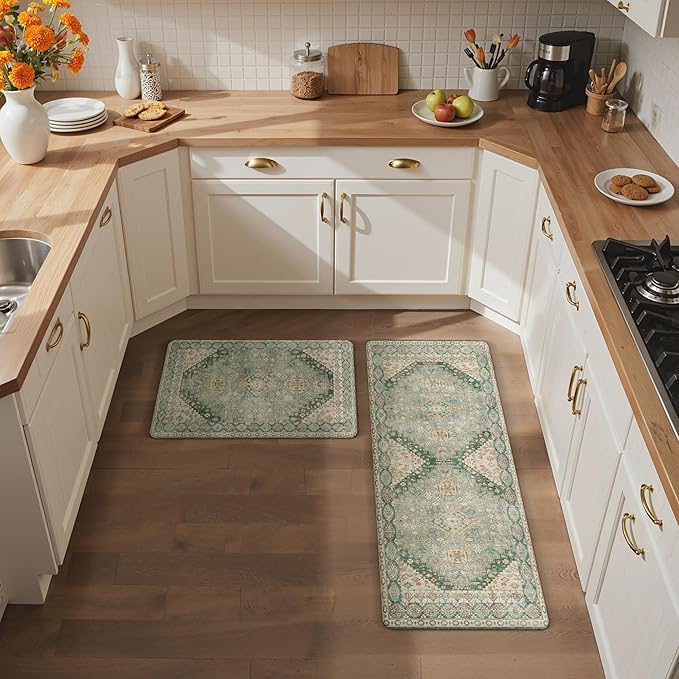 GENIMO Kitchen Mats for Floor, 2PCS Kitchen Rugs Non Slip Washable, Waterproof Anti Fatigue Mat, Comfort Standing Runner Rug for Sink, Office, Laundry, Home, 17.3"x47"+17.3"x30", Green