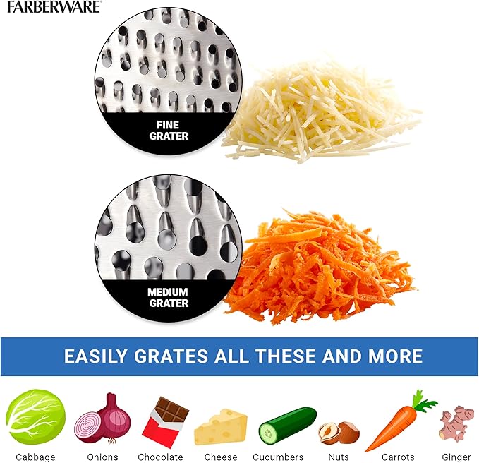Farberware Professional Stainless Steel Grater with Container, Coarse and Fine Blades, Nonslip Base, Easy-Grip Handle, Dishwasher Safe