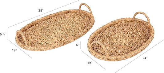 Bloomingville Decorative Handwoven 24" & 28" Oval Seagrass & Rattan Trays with Handles (Set of 2 Sizes)