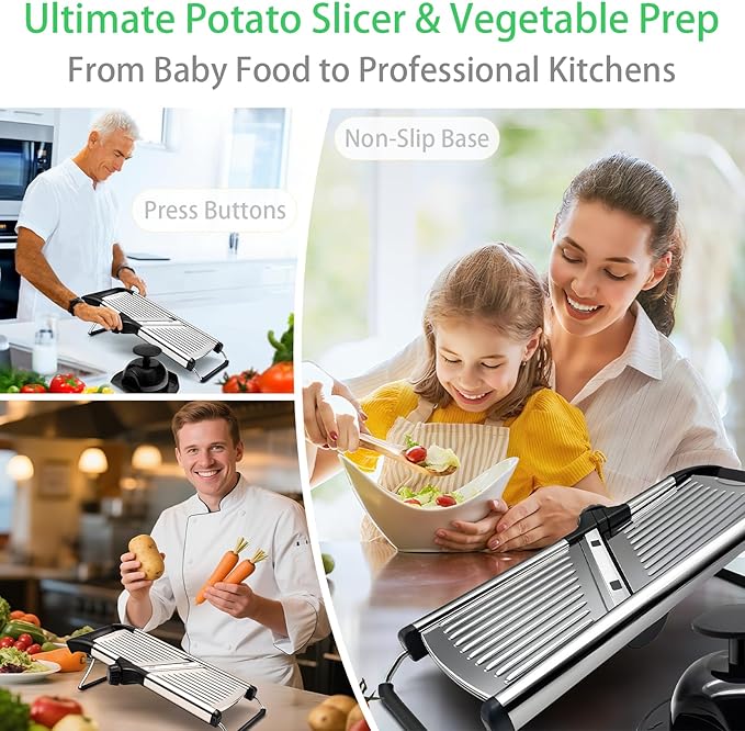 Stainless Steel Mandoline Slicer & Onion Chopper - French Fry Cutter with Safety Pusher | No-Cut Glove & Click-Lock | Adjustable 3-9mm Slices/4.5-9mm Shreds