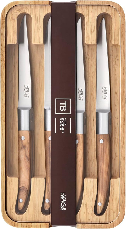 Laguiole Heritage Steak Knife Set; Premium Stainless Steel Blades, Full Tang Construction; Ergonomic Olive Wood Handles; Razor-Sharp, Timeless Luxury & Precision; Light Wood, Set of 4