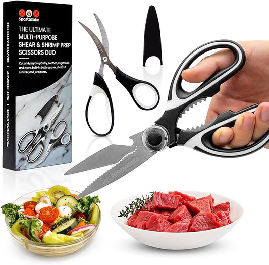 SpartaSake 2-Pack Premium Stainless Steel All Purpose Kitchen Shears with Sleeve - Heavy Duty Ultra Sharp kitchen Scissors for Food-Multipurpose Food Scissors for Meat Poultry Vegetable (Black-White)