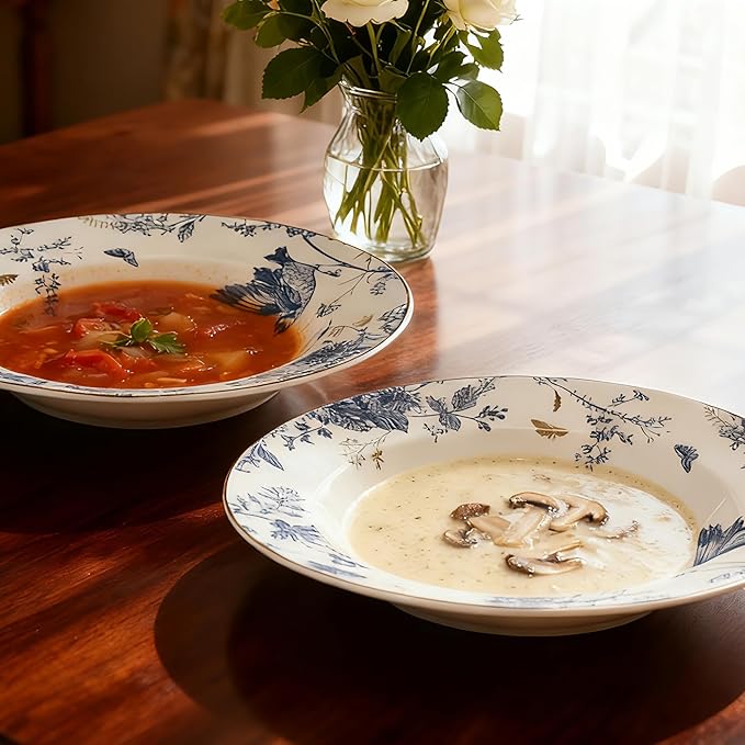 Soup and Pasta Bowls Set of 4,Ceramic Soup Bowls Dinner Bowls Plates Porcelain 9 inches Wide Rim Bowls Set Floral Dinnerware Set Pasta Plates Ideal Serving for Soup,Dessert,Noodle,Thanksgiving