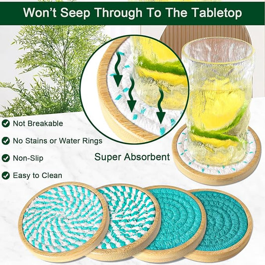Bamboo Coasters for Drinks, Absorbent Coaster Sets of 5, Woven Drink Coasters for Coffee Table, Housewarming Gift for Farmhouse Home Decor,4 inches (Lake Blue Series)
