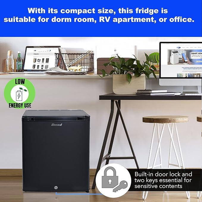 Smad Locking Mini Fridge 1.0 cu.ft, 12V RV Refrigerator 12V / 110V Super Quiet 12V Fridge Reversible Door Absorption Refrigerator for RV, Truck, Camping, Boat Use, Black