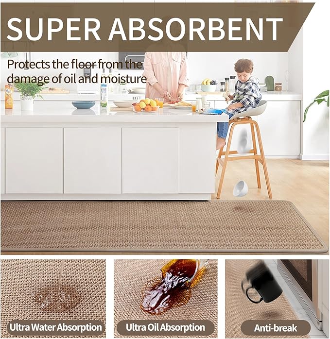 Kitchen mats for Floor, Water and Oil Absorbent Runner Rugs for Kitchen, Kitchen Mat in Front of Sink,Non-Slip and Washable Kitchen Rugs,Braided Quick Dry Kitchen Standing Mat 17x47 Brown