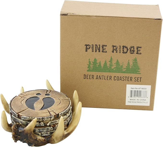 Pine Ridge Deer Antler Drink Coaster Set of 4 Old West Decor - Home Table Beverage Coaster with Holder - Drink Glass Holder with Outdoors Rustic Cabin Theme