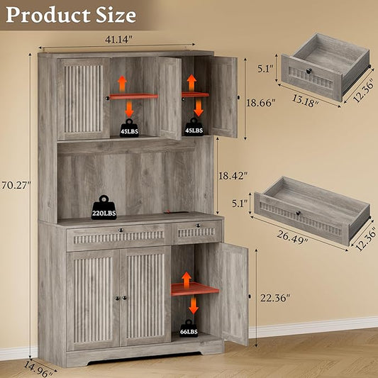 Pantry Cabinet with Charging Station and Light, Tall Kitchen Pantry Storage Cabinet with Microwave Stand, Wide Fluted Kitchen Hutch with Storage Drawers and Adjustable Shelves for Dining Room