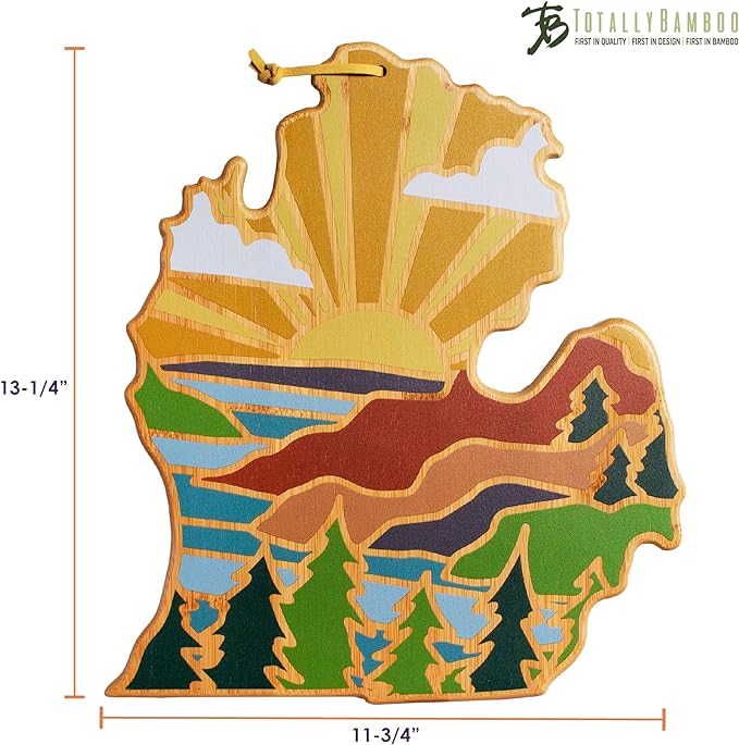 Totally Bamboo Michigan State Shaped Cutting Board and Charcuterie Serving Platter with Artwork by Summer Stokes, Includes Hang Tie for Wall Display Varies