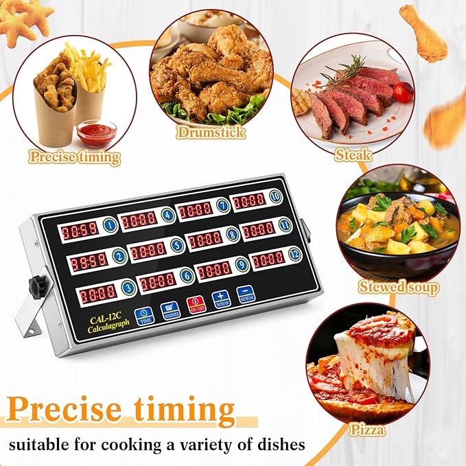 1 Pack Commercial 12 Channel Digital Kitchen Timer, Multi-Countdown Timer with Loud Alarm & Large LCD Display, Wall Mount or Countertop for Restaurant, Fry Station, Baking & Lab Use