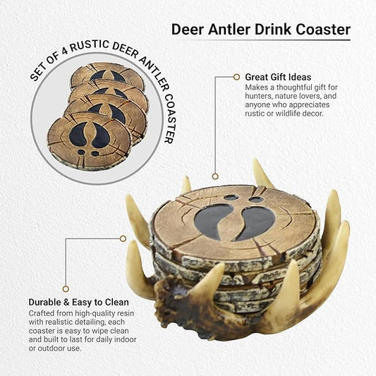Pine Ridge Deer Antler Drink Coaster Set of 4 Old West Decor - Home Table Beverage Coaster with Holder - Drink Glass Holder with Outdoors Rustic Cabin Theme