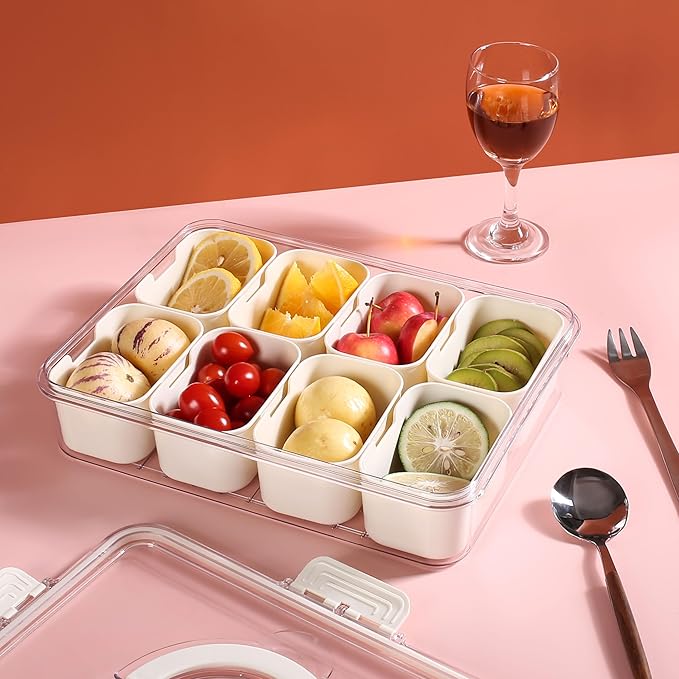 Bandesun Divided Serving Tray with Lid and Handle - Snackle Box Charcuterie Container for Portable Snack Platters - Clear Organizer for Candy, Fruits, Snacks,Nuts - Perfect (Pack of 2)