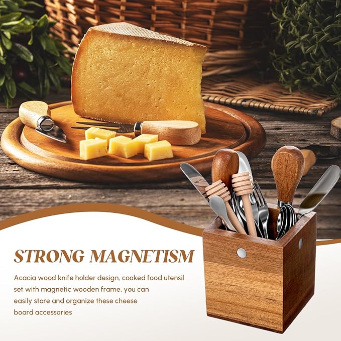 Hushee 42 Pcs Charcuterie Boards Accessories with Magnetic Acacia Wood Holder Wooden Cheese Knife Set for Wood Handle Butter Knives for Cheese Knife Slicer with Tongs, Spoons, Forks, Honey Dipper