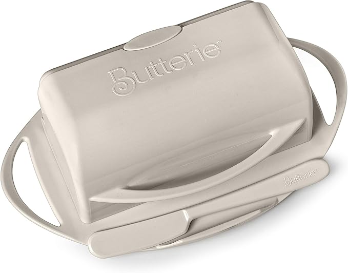 Butterie Flip-Top Butter Dish with Lid & Matching Knife, Holds 2 Sticks/European Butter, No-Mess Butter Holder, Shatterproof, Dishwasher Safe, Ivory