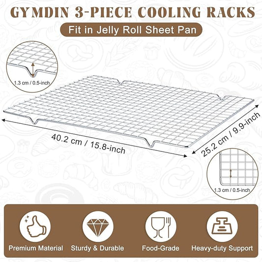 Gymdin Cooling Racks for Cooking and Baking - 3PCS 16" x 10" Premium Stainless Steel Wire Cookie Cooling Rack for Baking, Roasting, and More - Oven & Dishwasher Safe - Fits Jelly Roll Pan