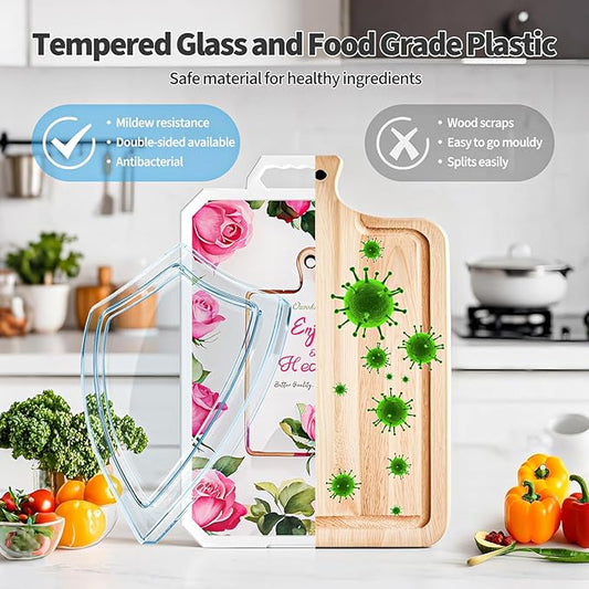 Ourokhome Cutting Board for Kitchen, Tempered Glass Cutting Board Double Sided Food Grade for Chopping Meat, Vegetables, Fruits, Cheese, Knife Friendly with Handles and Knife Sharpener, Red