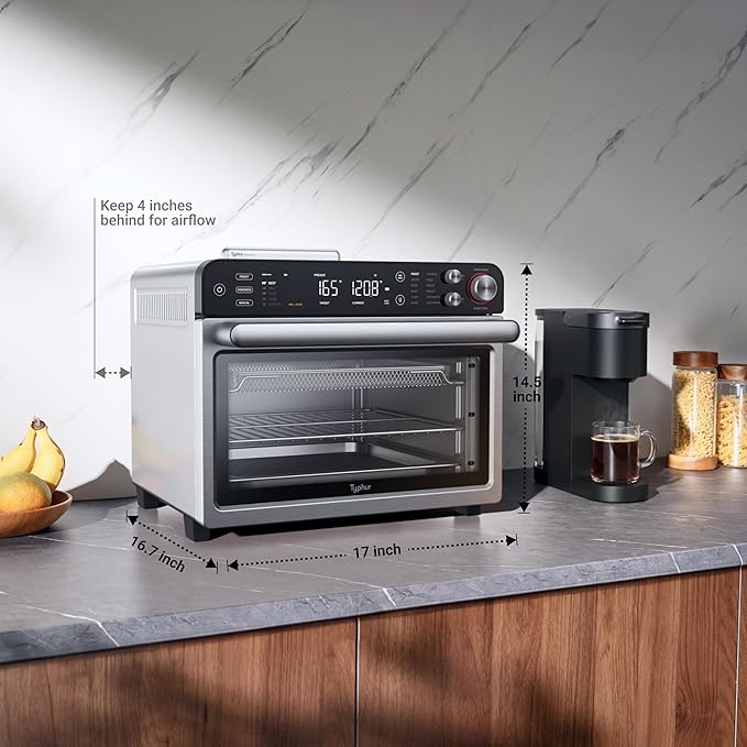 Typhur Sync Oven with Smart AI Wireless Meat Thermometer Probe, 12โinโ1 Countertop Air Fryer Toaster Oven Combo, 360ยฐ Turbo Convection, Dehydrator, Recipe & 5 Accessories, Large 27QT, Stainless Steel