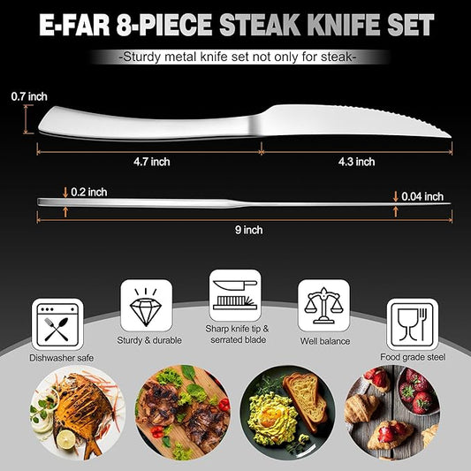 E-far Serrated Steak Knives Set of 8, Stainless Steel Dinner Knife for Home Kitchen Restaurant, 9-Inch Table Knife with Ergonomic Handle and Sharp Tip & Blade, Mirror Silver and Dishwasher Safe
