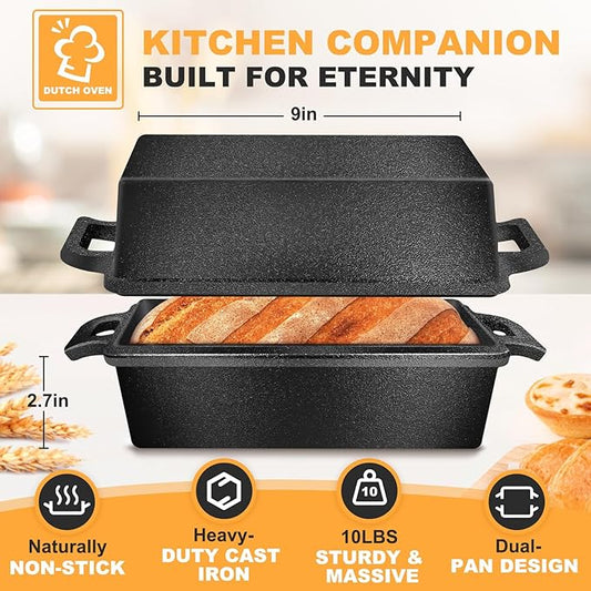 MSJGA 9×5 Inch Cast Iron Loaf Pans with Lid for Bread Baking, 2 In 1 Bread Pan with Sourdough Bread Baking Supplies
