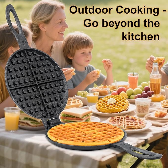 Cast Iron Waffle Maker for Stovetop or Grill, 7 inch Round Waffle Iron, Two Piece Hinged Non-Electric - Quick Heating, Easy Clean