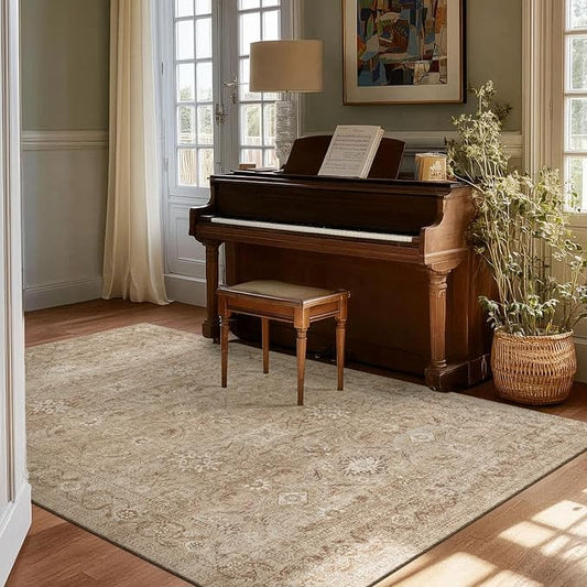Washable Boho Area Rug for Bedroom: 4'x6' Rug Stain Resistant Tribal Distressed Vintage Accent Rug Non Slip Low Pile Soft Area Rug for Entryway Living Room Bedside Kitchen Office Dorm Entrance
