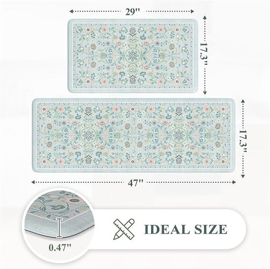 KIMODE Comfort Anti Fatigue Mats for Kitchen Floor,Boho Floral Kitchen Rugs Sets of 2 Non Slip,Cushioned Memory Foam Kitchen Mat Carpet for Laundry Sink Bathroom Office,Blue