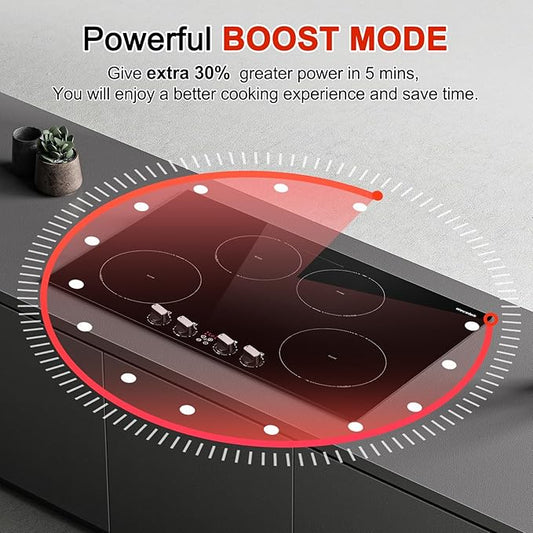 30 Inch Induction Cooktop 4 Burner with Bridge Element, 7800W Built-in Stove Top, Booster Function, 10 Power Levels, Timer & Child Safety Lock, Knob Control, 220-240V