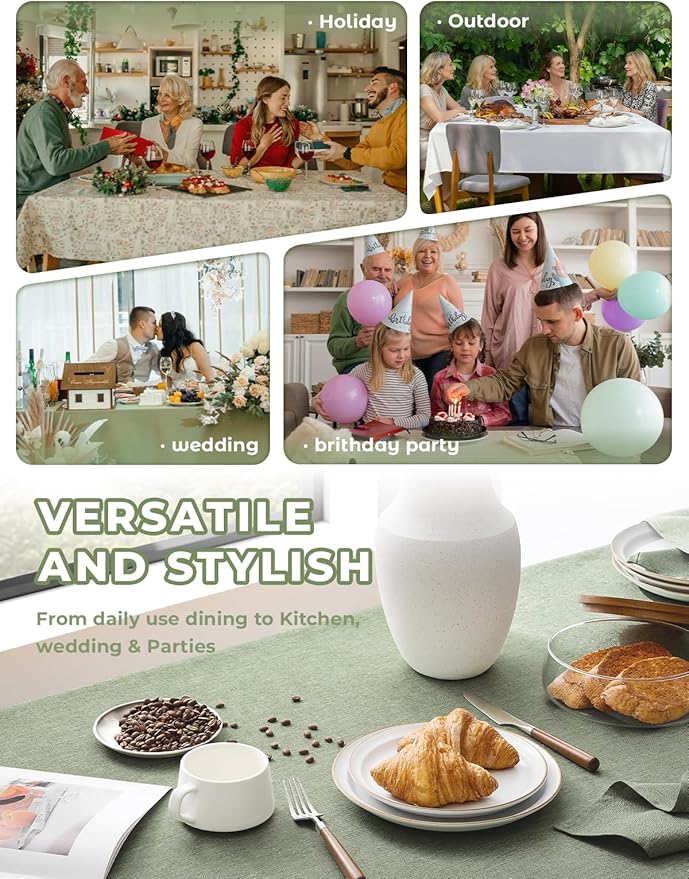 Faux Linen Farmhouse Table Cloth 60"x104" for 6 ft Rectangle Table, Sage Green Waterproof Outdoor Washable Cloth Tablecloth for Rectangular Dining Room Kitchen Outdoor Party Restaurant Decor