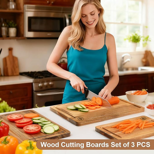 Amitlimate 3 PCS Cutting Boards for Kitchen, Premium Acacia Wooden Cutting Board Set with Built-In Handle and Juice Groove, Charcuterie & Chopping Butcher Block for Meat, Vegetables, Fruits (Brown)