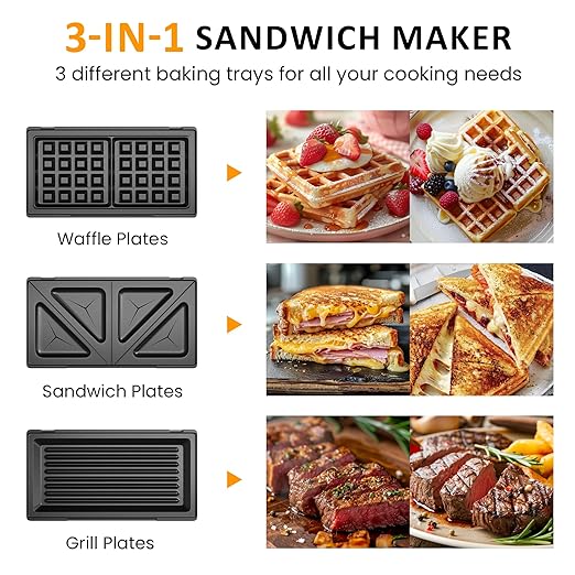 Waffle Iron, Panini Press Grill and Sandwich Maker Set, 3 in 1 Electric Sandwich Press with Removable Non-Stick Plates, Indicator Lights & Cool Touch Handle 750W