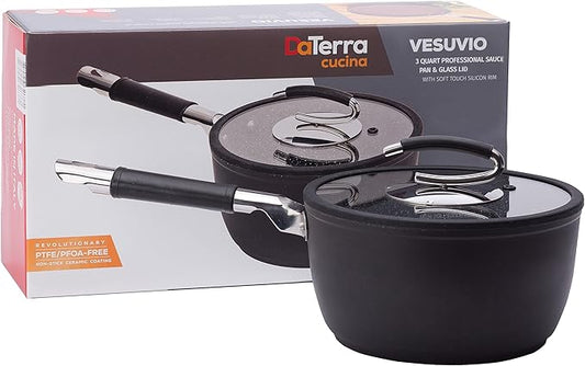 DaTerra Cucina Nonstick Small Chef Bundle – 2.6 Qt Ceramic Saucepan with Lid, 9.5" Frying Pan, 5-Piece Olive Wood Cooking Utensils – Oven Safe, Induction Compatible, PTFE & PFOA Free – Made in Italy