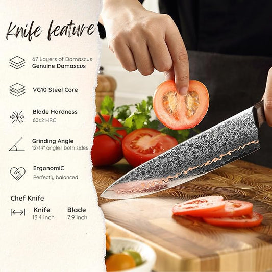 Wakoli Kawa Chef Knife, 7.9-Inch Blade Damascus Knife | 67-Layer Damascus Steel with VG10 Core | Copper Inlay | Maple Stabilized Wood Handle | Professional Kitchen Knife