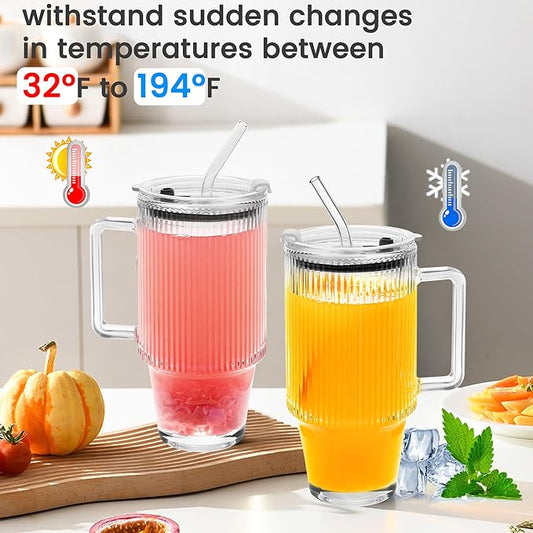 24oz Ribbed Glass Cups with Lids and Straws Handle Thick Leak Proof Drinking Glasses Tumbler for Gift Cold Drink Smoothie Boba Tea(Ribbed with Thick Plastic Lid)