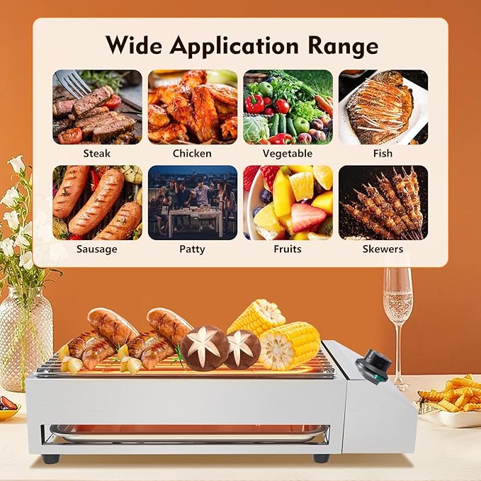 Smokeless Electric Indoor Grill, 1800W Countertop Electric BBQ Grill with Adjustable Temperature 122°F-302°F, Commercial Stainless Steel Barbecue Griddle for Restaurant, Camping, or Party Use