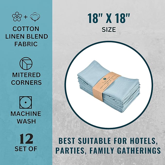 FINGERCRAFT Cloth Napkins Set of 12, Cotton Linen Mitered Corner Soft Durable Washable Eco-Friendly Napkins Cloth, 18x18 inch Premium Quality for Home Hotel Parties Christmas Wedding Dinner Aqua