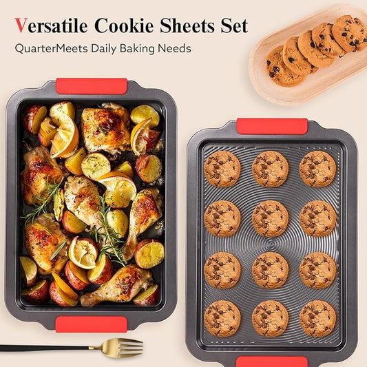 Biubumtu Baking Pans Set with Circle Grooves, 2-Piece 16x11in Nonstick Cookie Sheets for Baking & Roasting, Baking Sheet with Red Grips, PFAS/PTFE Free,Gray