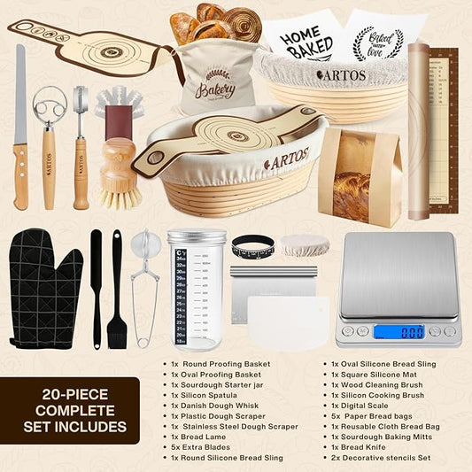ARTOS ULTIMATE Sourdough Starter Kit | Banneton Bread Proofing Baskets with Bread Making Tools | Sourdough Bread Baking Supplies with Silicone Slings, Mat, Whisk, Scrapers Lame, Jar, Scale & Many More