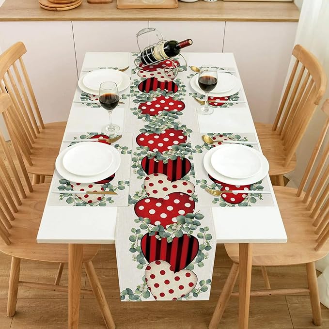 Valentines Day Table Runner 13x108 Inch, Eucalyptus Hearts Valentine Table Runner, Anniversary Home Kitchen Dining Table Holiday Party Decorations