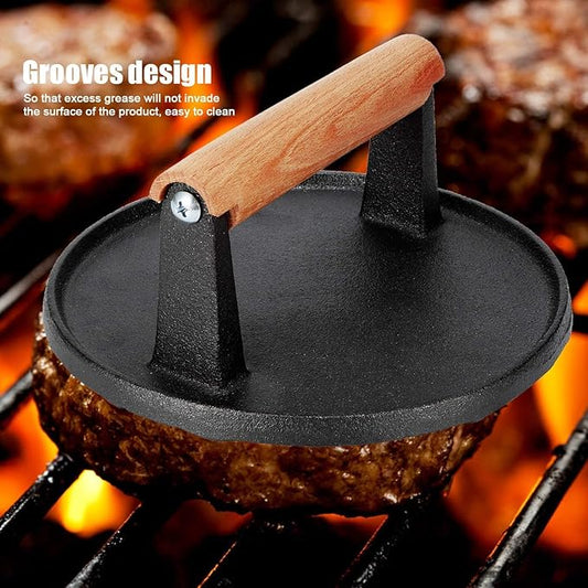 Cast Iron Grill Press, 7.1x7.1x3.1 Inch Round Bacon Press with Wooden Handle for Grill Tools BBQ Tools