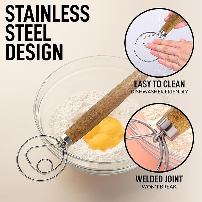 Zulay Kitchen 13 Inch Danish Dough Whisk - Large Wooden Danish Whisk For Dough With Stainless Steel Ring - Traditional Dutch Whisk Baking Tool For Bread, Batter, Cake, Pastry (Acacia Wood)
